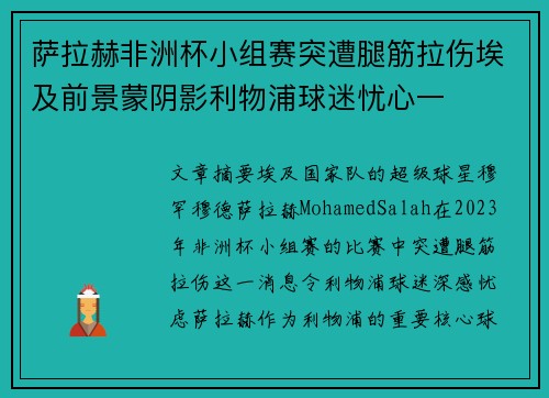 萨拉赫非洲杯小组赛突遭腿筋拉伤埃及前景蒙阴影利物浦球迷忧心一